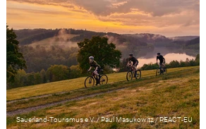 Drei Gravelbiker unterwegs in der Bike Arena Sauerland am Hennesee.