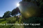 Zwei Wanderer am "goldenen Ei" auf dem WaldSkulpturen-Weg.